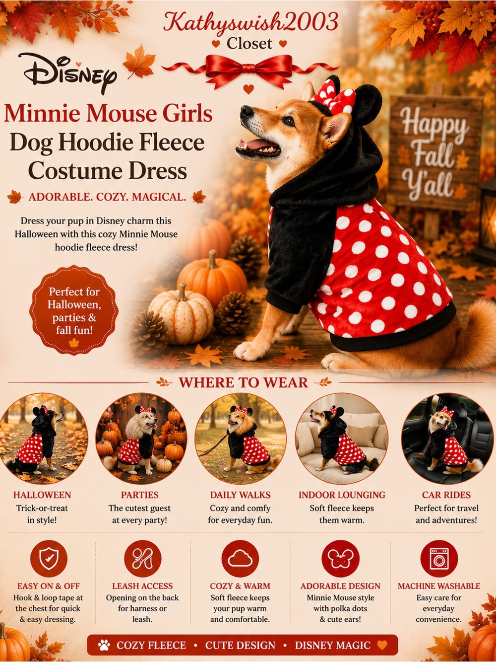 Disney Dog Pet Hoodie Fleece Minnie
Mouse Girls Costume Halloween Dress …